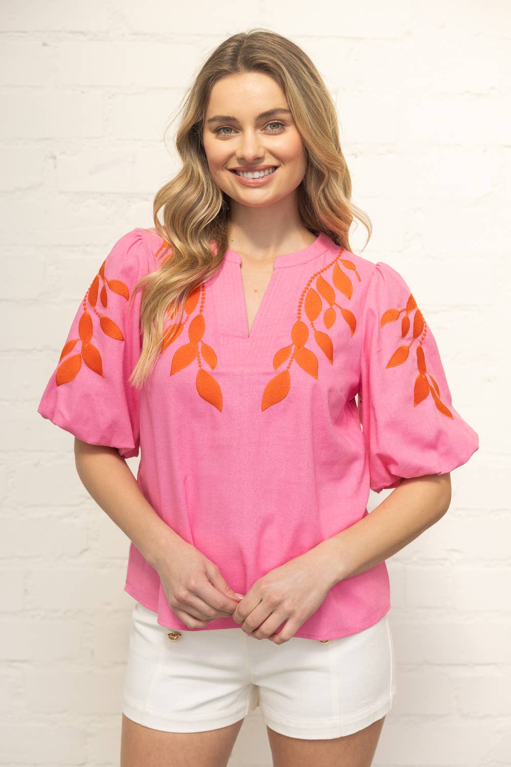 Floral Embroidered Bubble Sleeve V-Neck Top