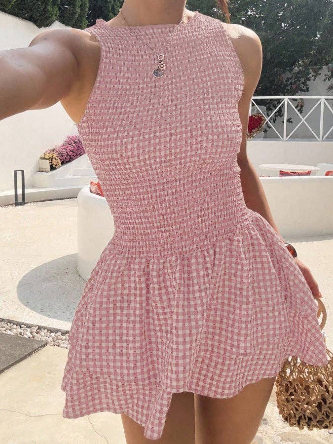 Women’s Smocked Gingham Sleeveless Ruffle Mini Dress