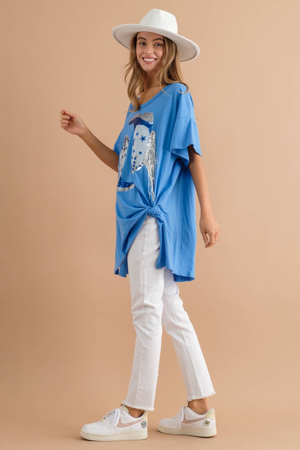 Cotton Sequin Western Boot Fringe Loose Side Tee