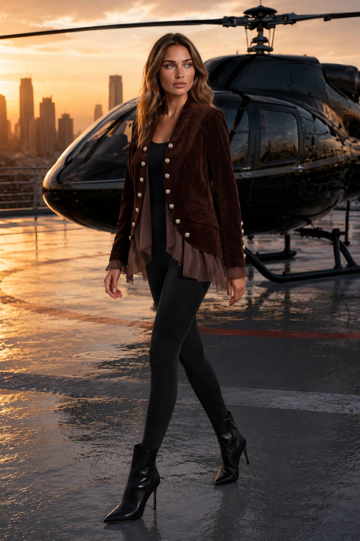 Brown Velvet Chiffon Hem Jacket