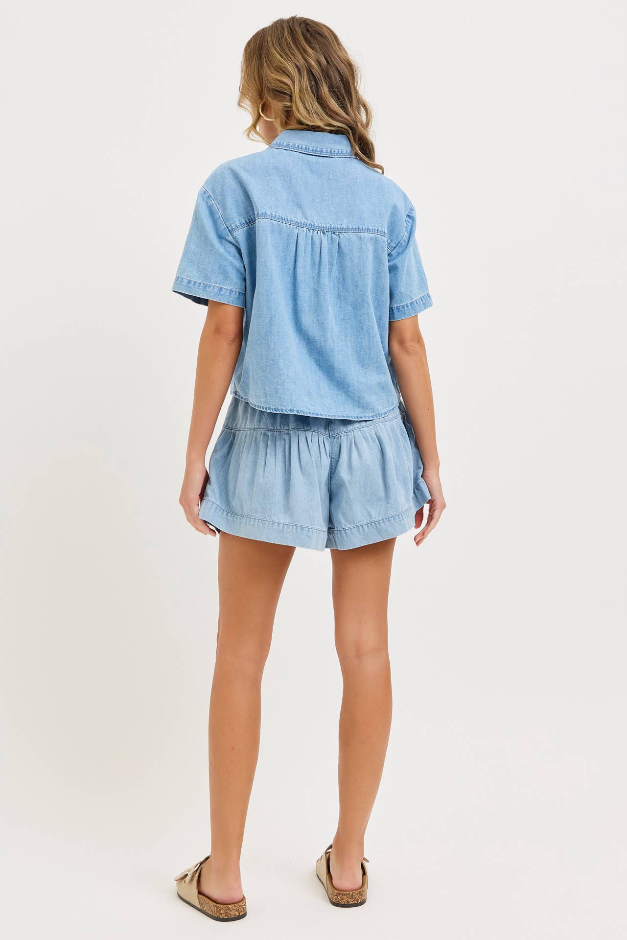 High Rise Button Stretch Denim Shorts