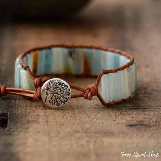 Natural  Amazonite Stone & Leather Bracelet