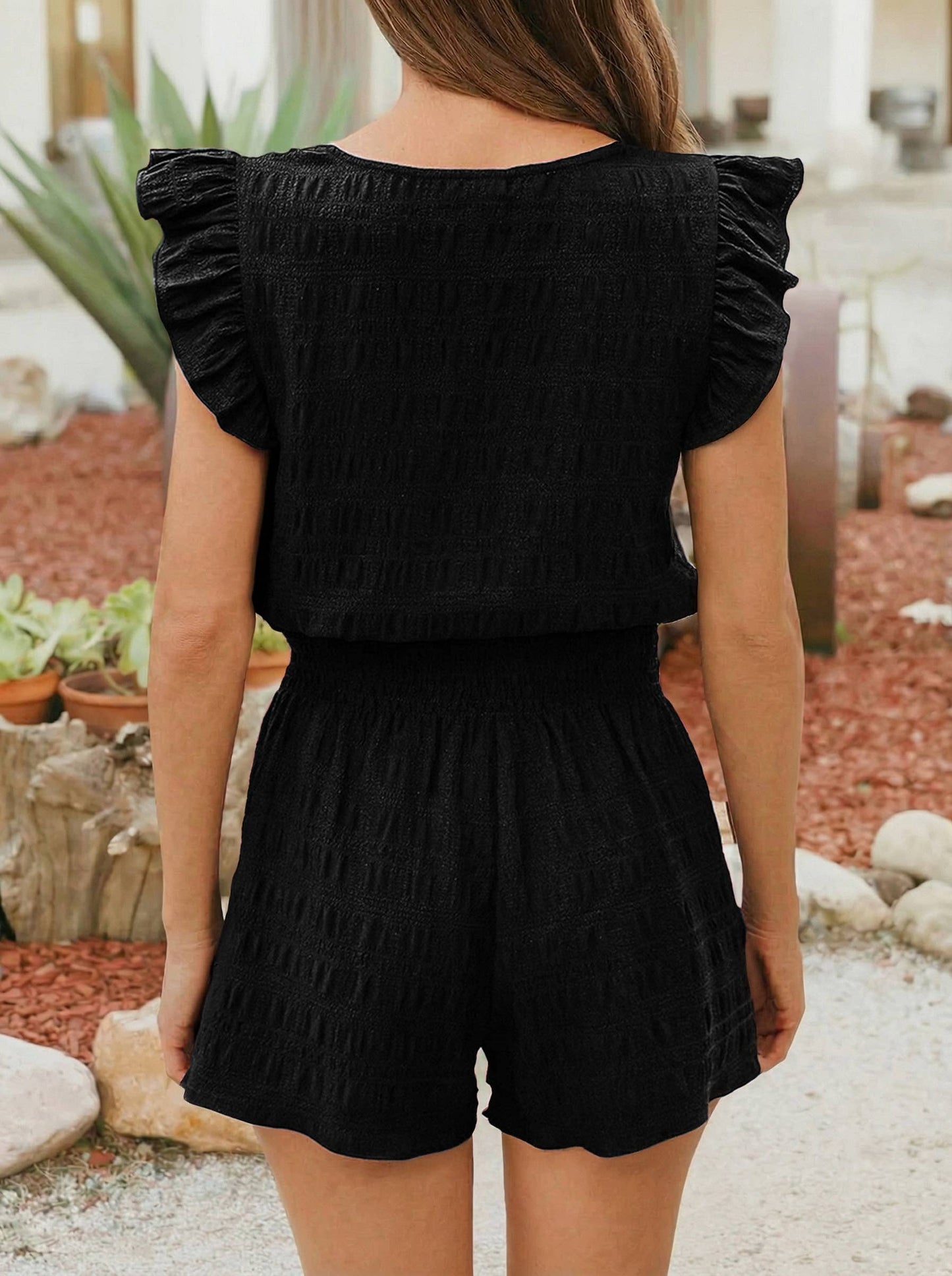 Black Shirred High Waist Shorts Set