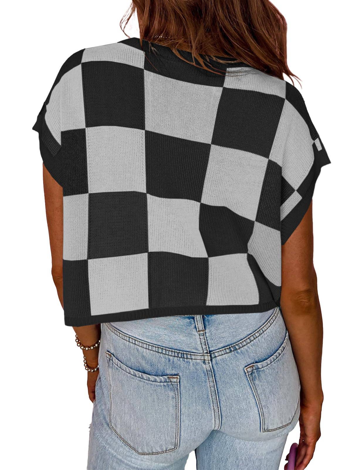 Women’s Colorblock Checkerboard Knit Crop Sweater Tee