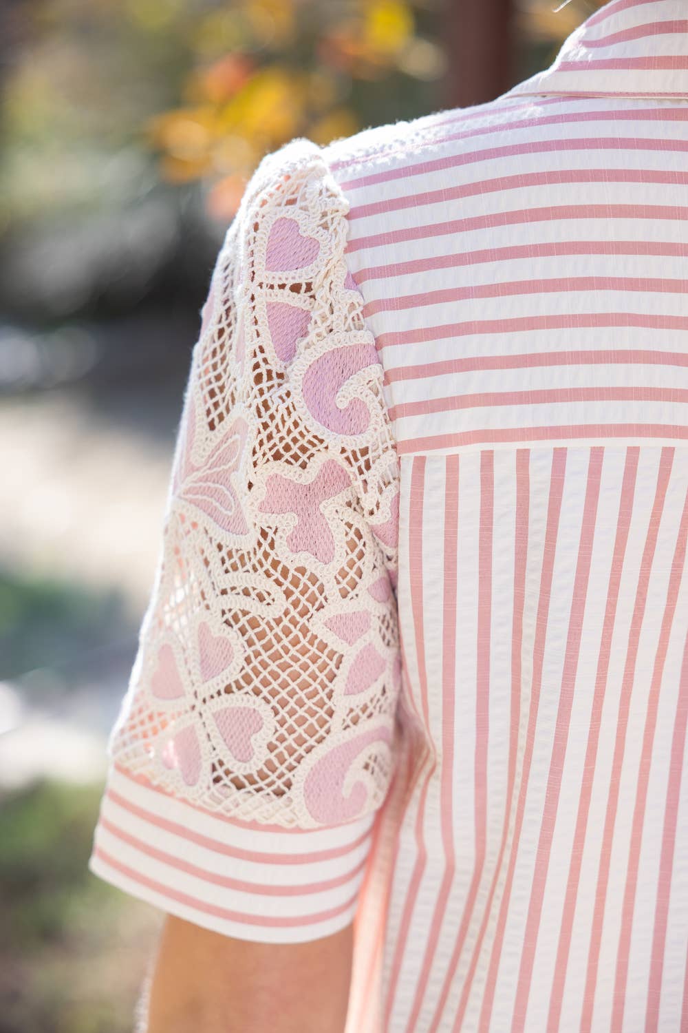 Collared V-Neck Stripe and Lace Mixed Fabric Top