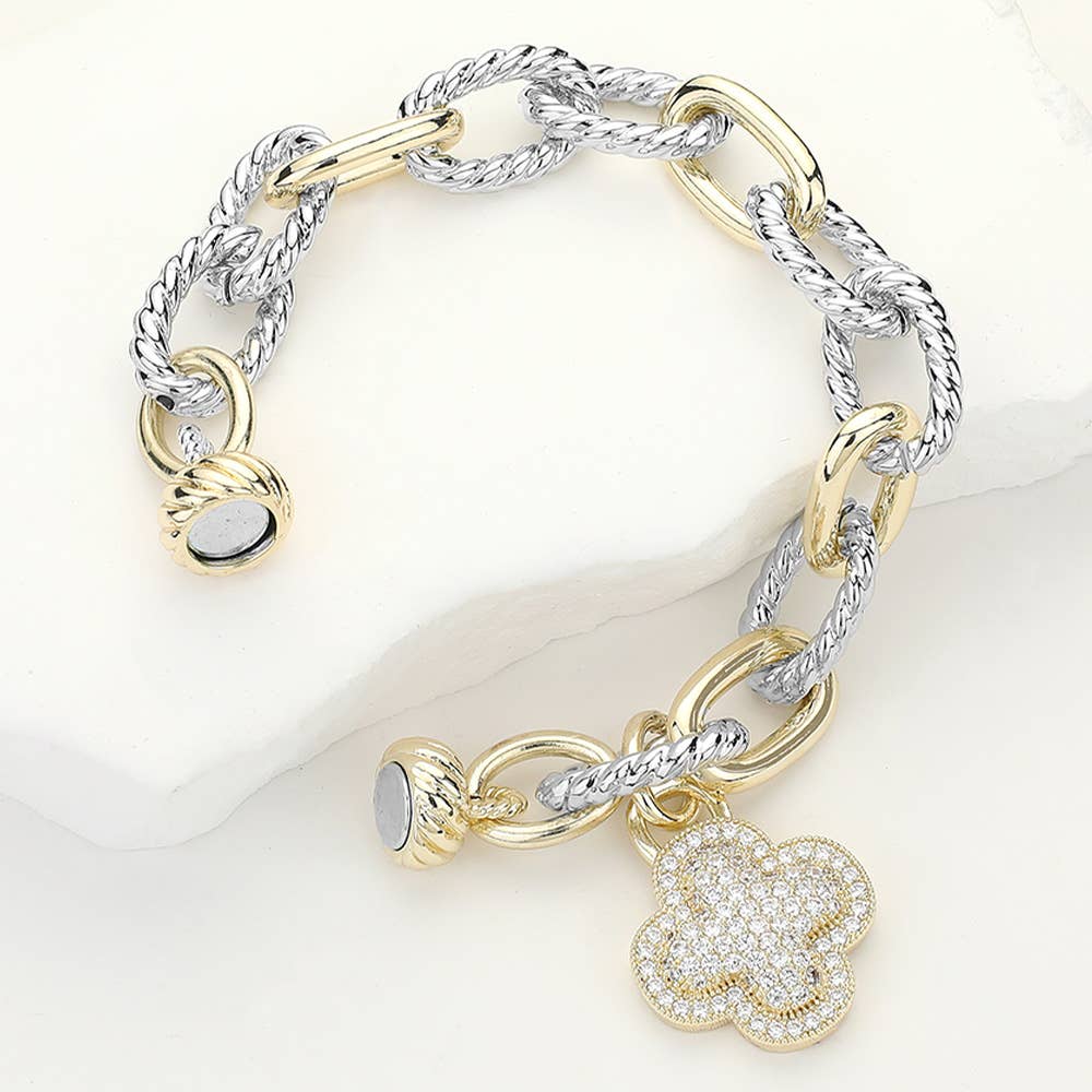 14K Gold Plated Two Tone CZ Paved Quatrefoil Charm Bracelet