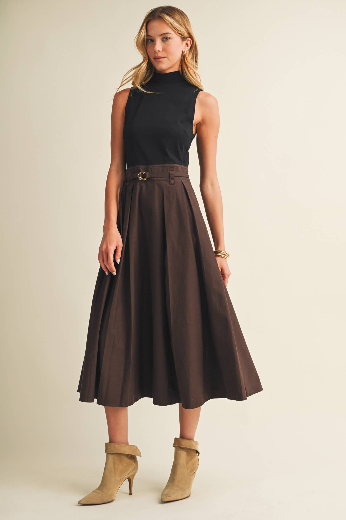 Choco Fondant Pleated Belted Dress