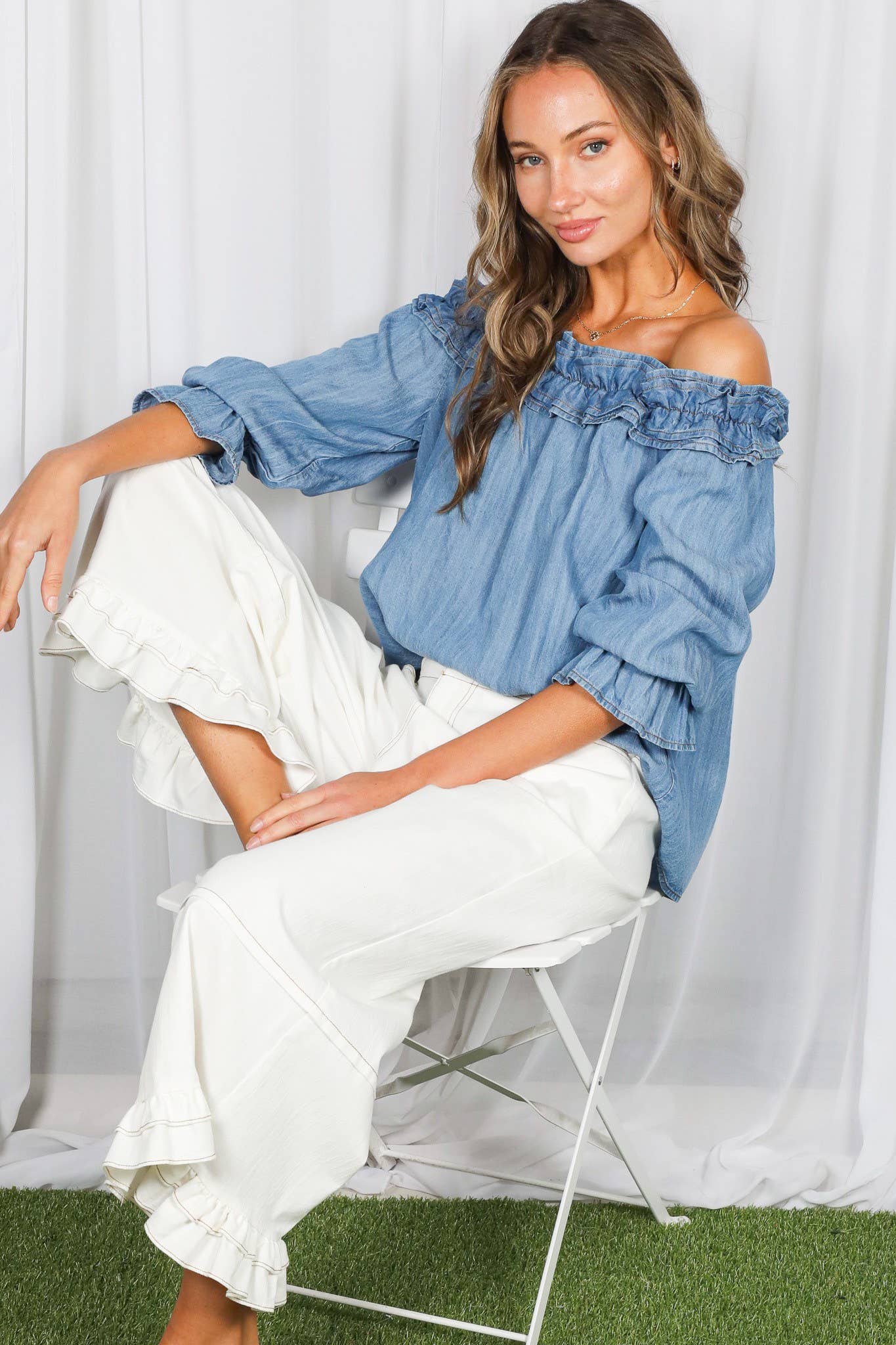 Denim Casual Off Shoulder Chambray Blouse