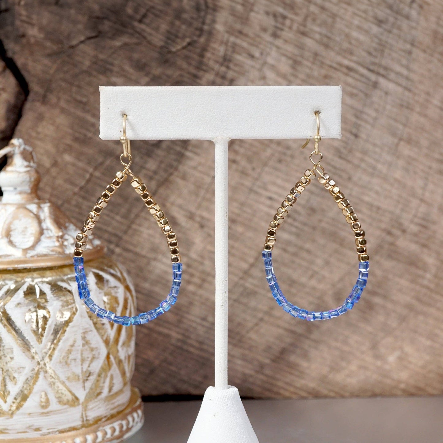 Glass & Gold Beaded Teardrop Earrings Purple