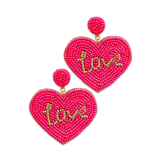 Pink Beaded Love Heart Earrings | Valentine's Earrings