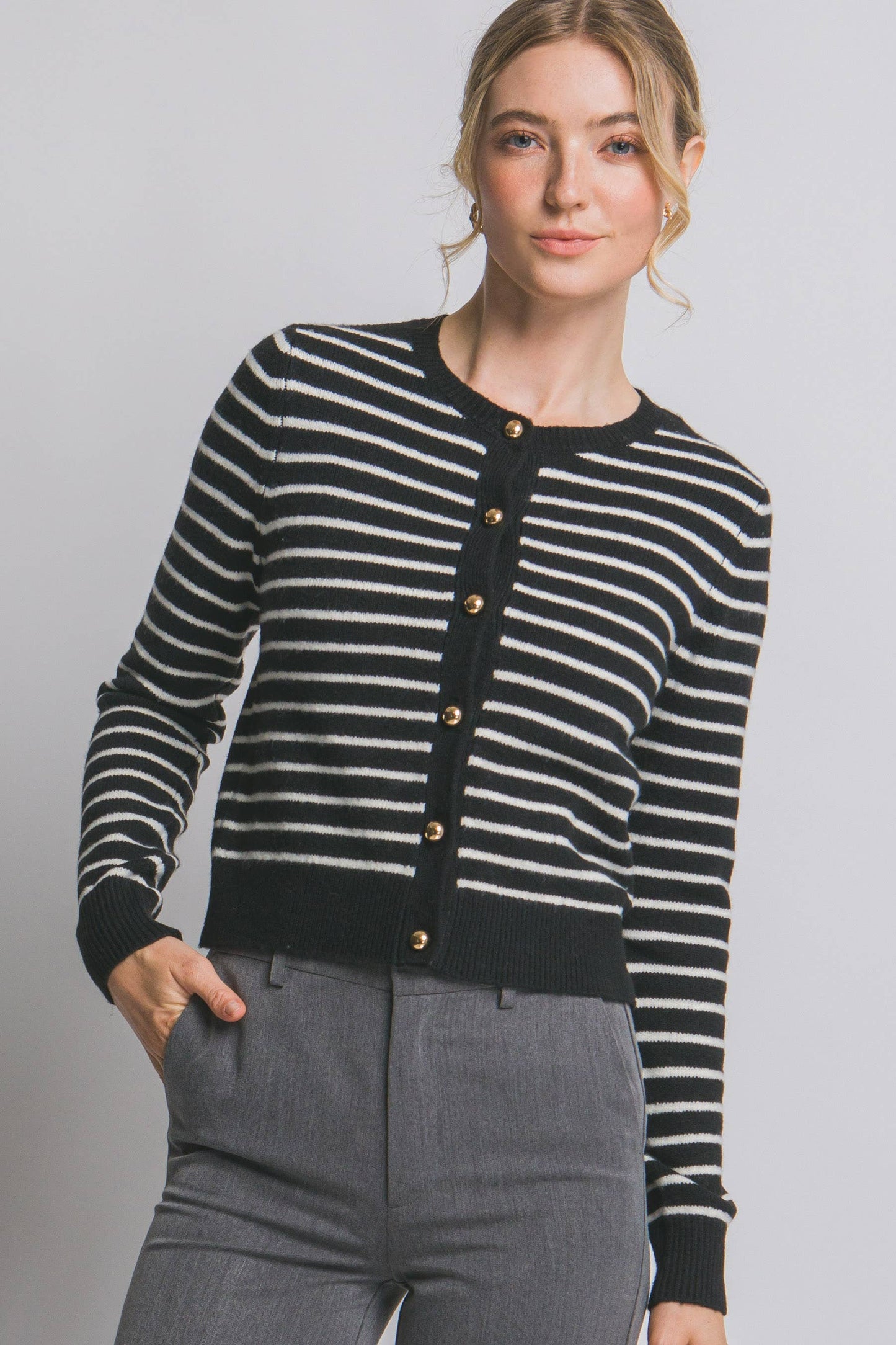 Black Striped Gold Button Cardigan