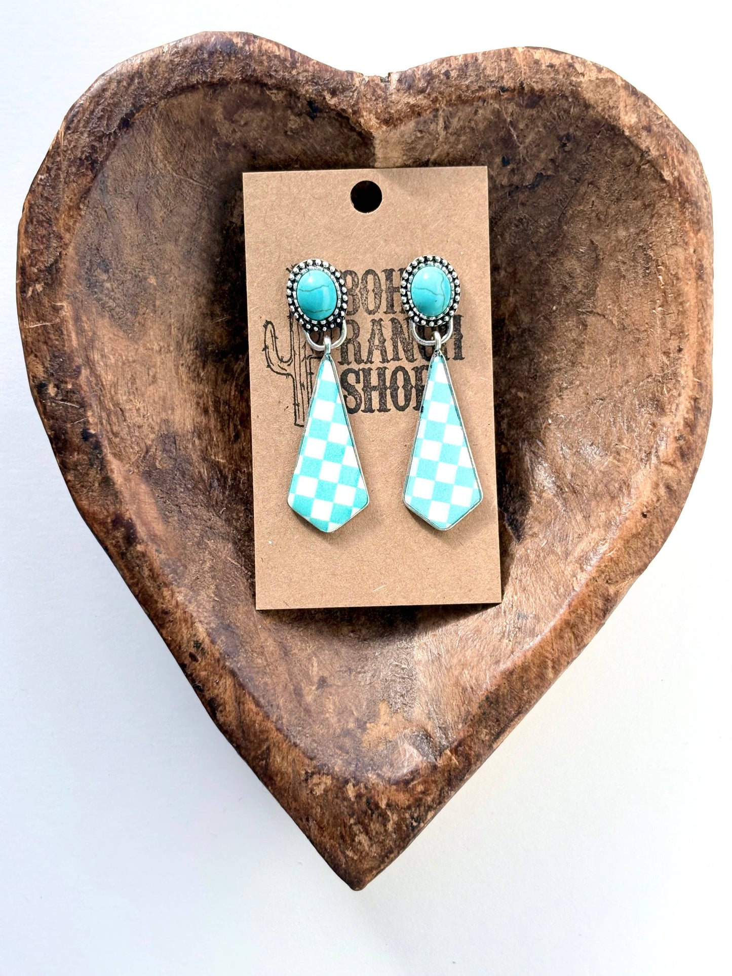 Western Style Stone & Checkerboard Post Drop Dangle Earrings