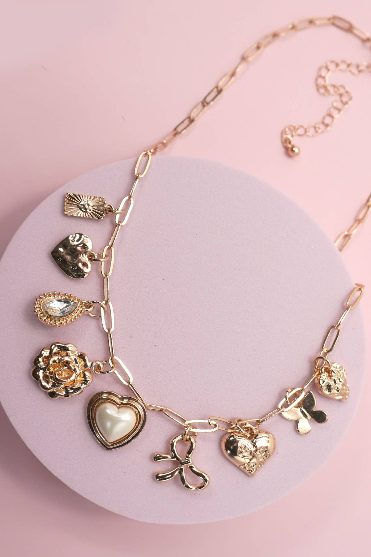 CHARM NECKLACE-HEART RHINESTONE FLOWER
