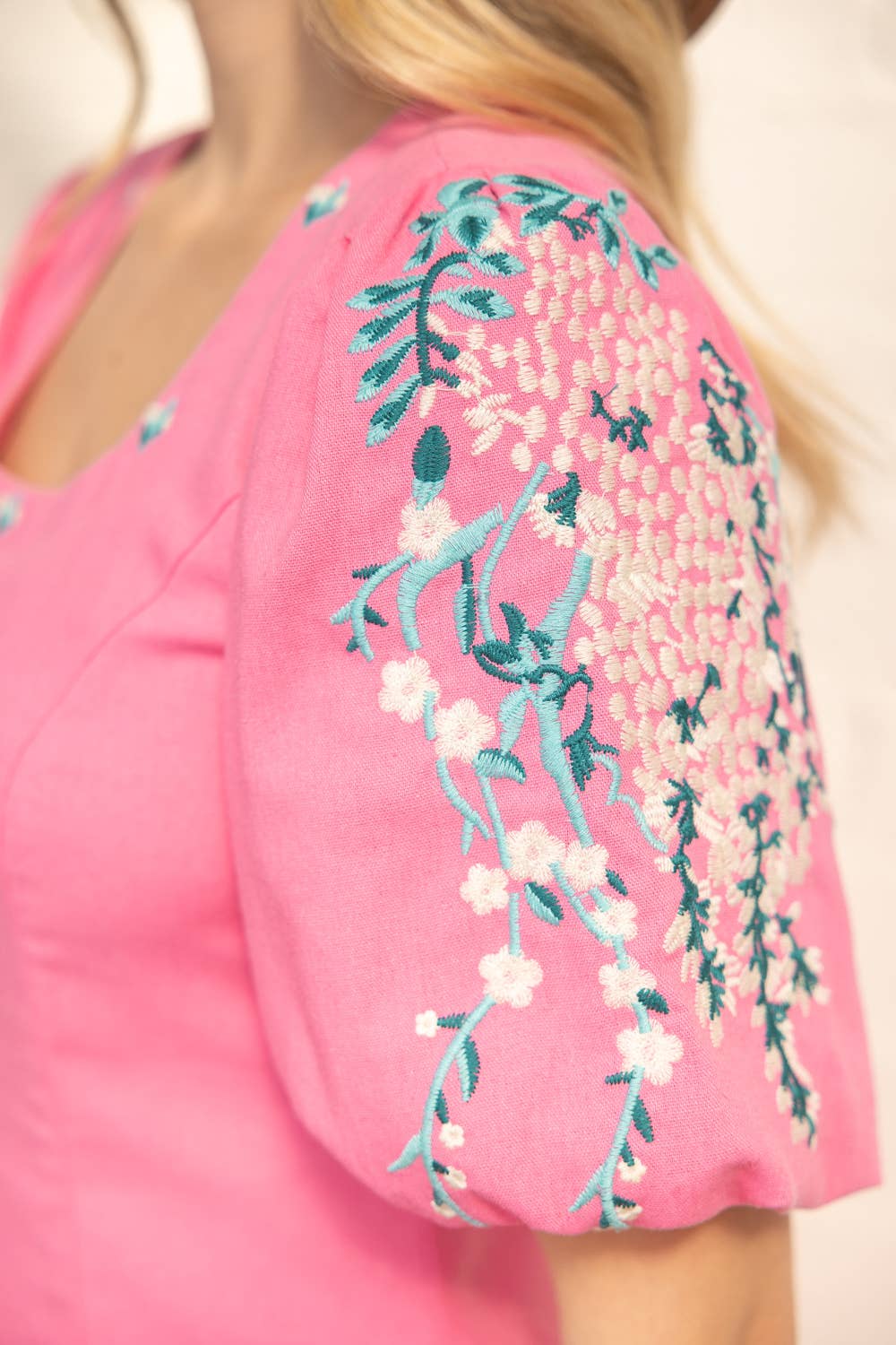 Floral Embroidered Bubble Sleeve Mini Dress