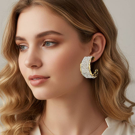 Bold Rhinestone hammered metal Hoops