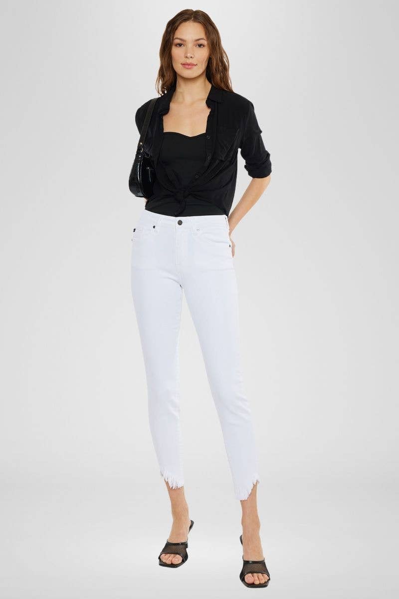 White Stretchy Raw Fringe Hem Jean
