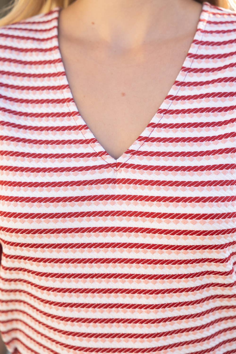 Self Tie Short Puff Sleeve Stripe Knit Top
