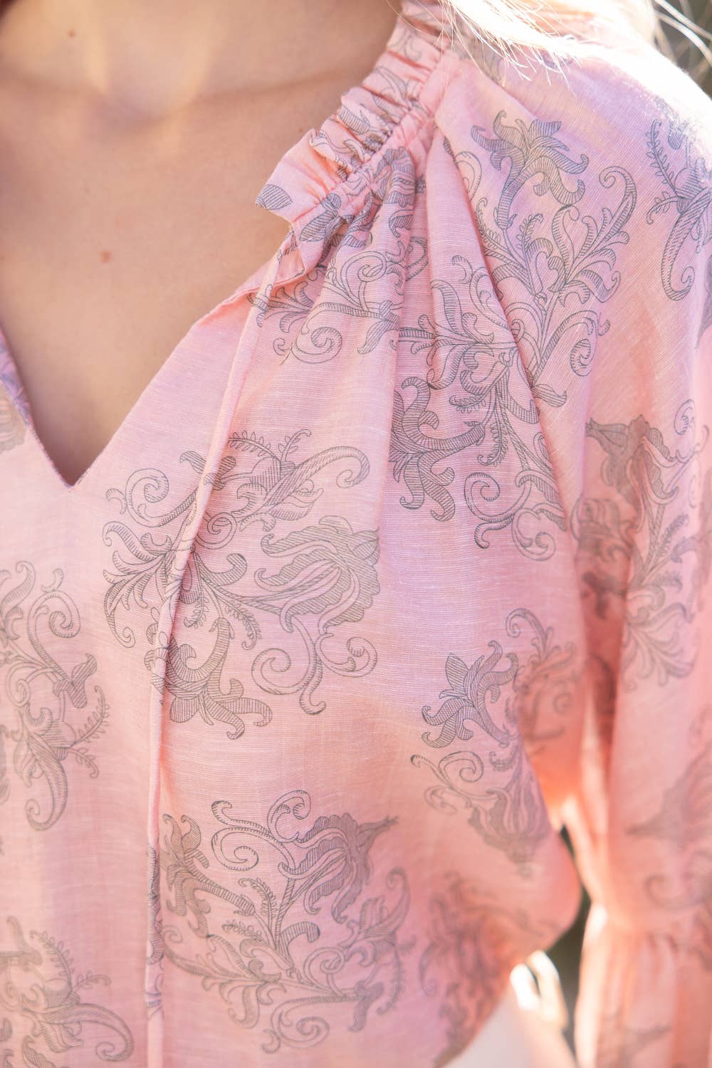 Tassle Self Tie and Fringe Detail Printed Top