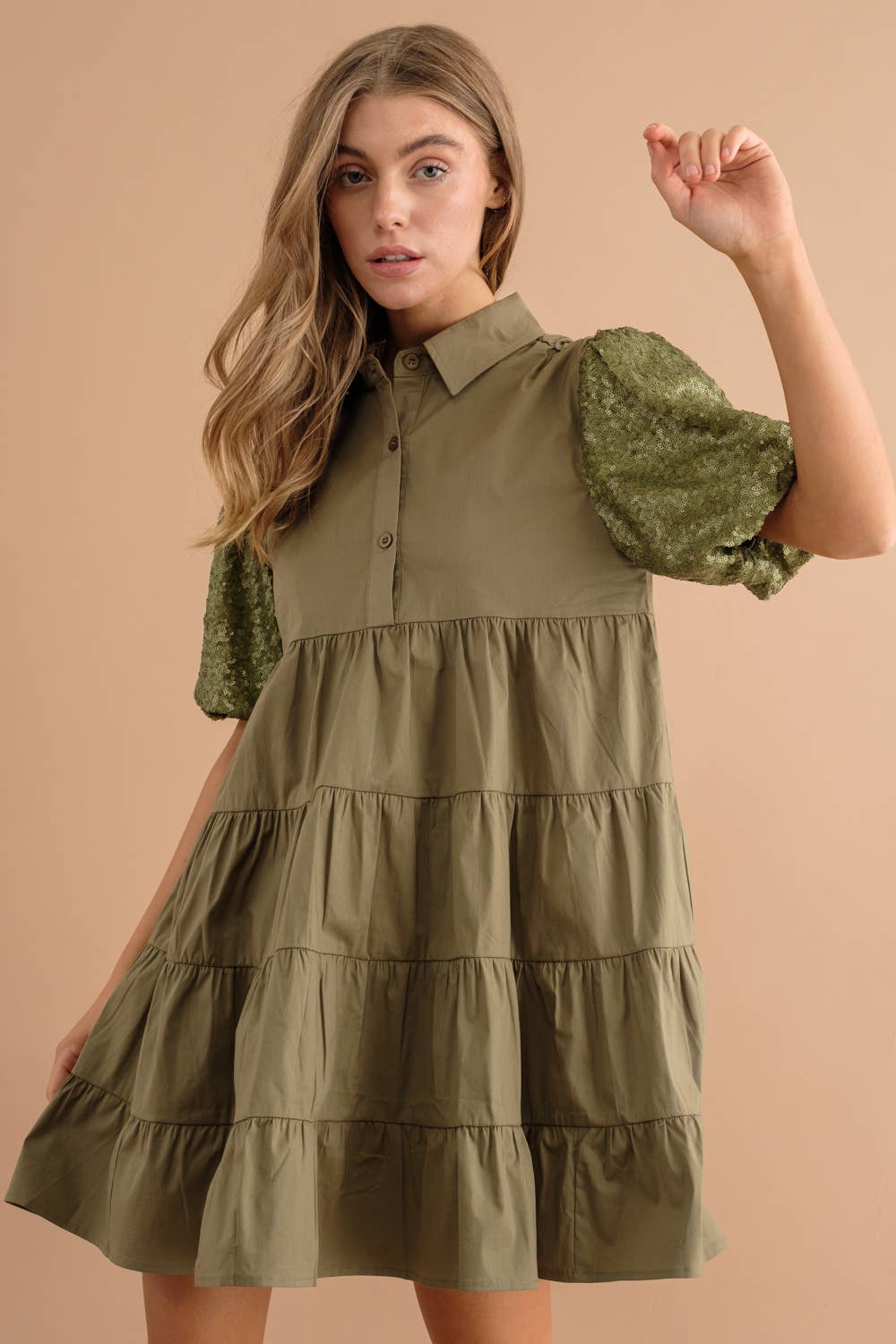 Sequin Puff Tiered Button Up Dress