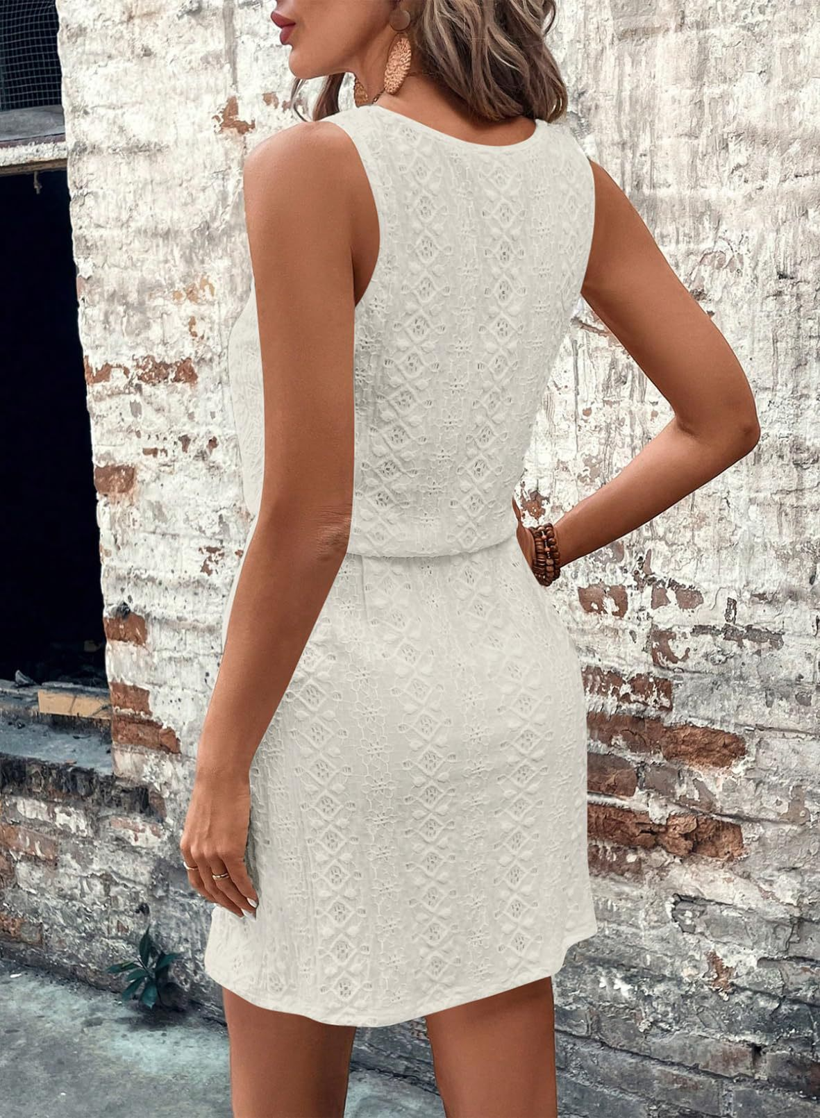 Sleeveless Eyelet Dress Square Neck Drawstring Summer