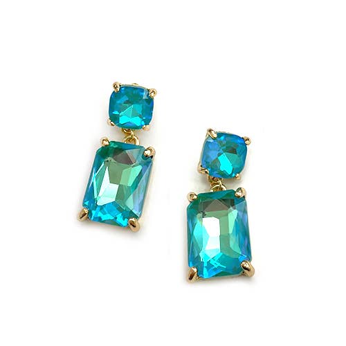 Double Square Linked Crystal Glass Dangle Earrings
