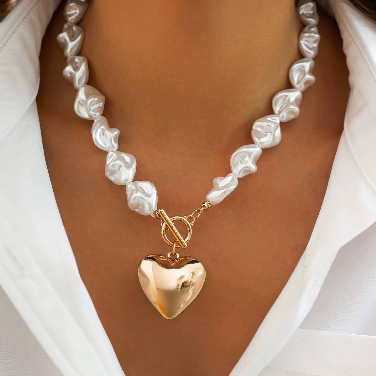 Pearl Heart Charm Toggle Necklace