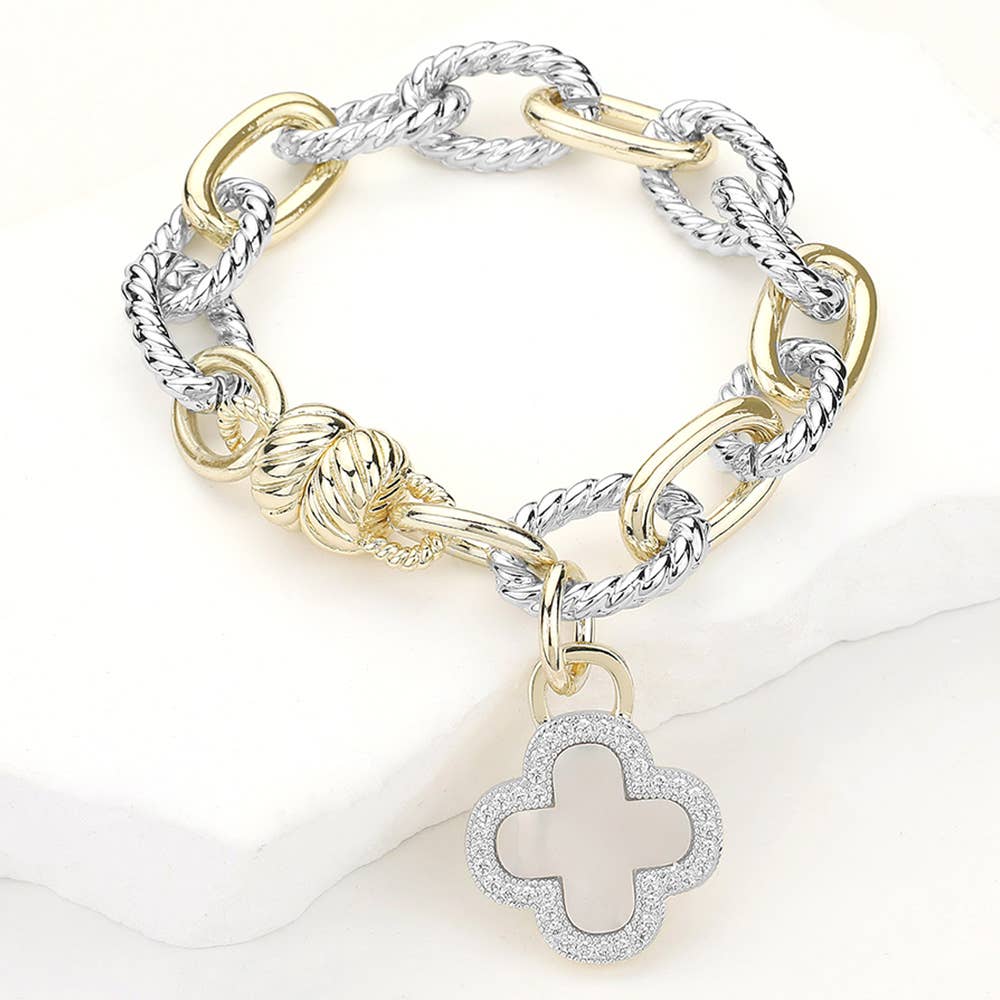 14K Gold Plated Two Tone CZ Paved Quatrefoil Charm Bracelet