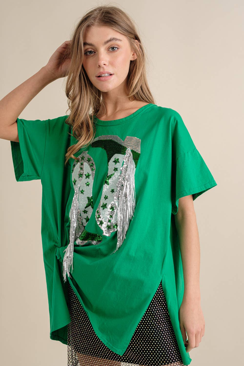 Cotton Sequin Western Boot Fringe Loose Side Tee