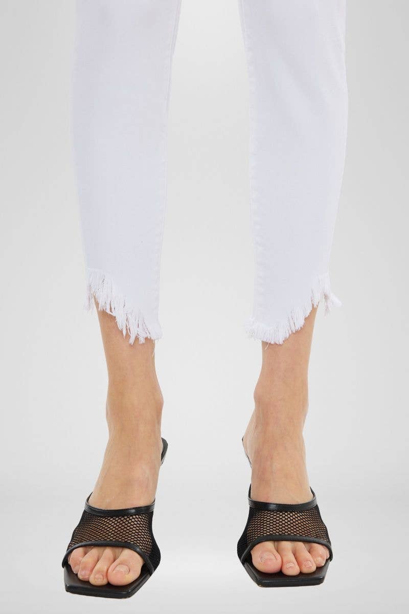 White Stretchy Raw Fringe Hem Jean