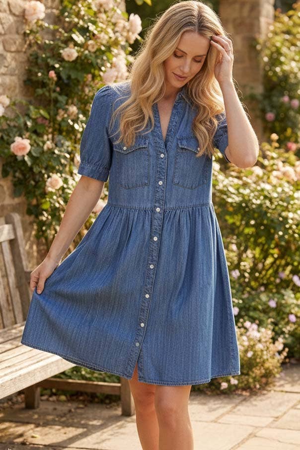 Short Sleeve Chambray Denim Casual Dress