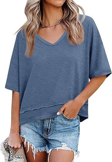 V Neck Loose Fit Tee Casual Short Sleeve Summer Top