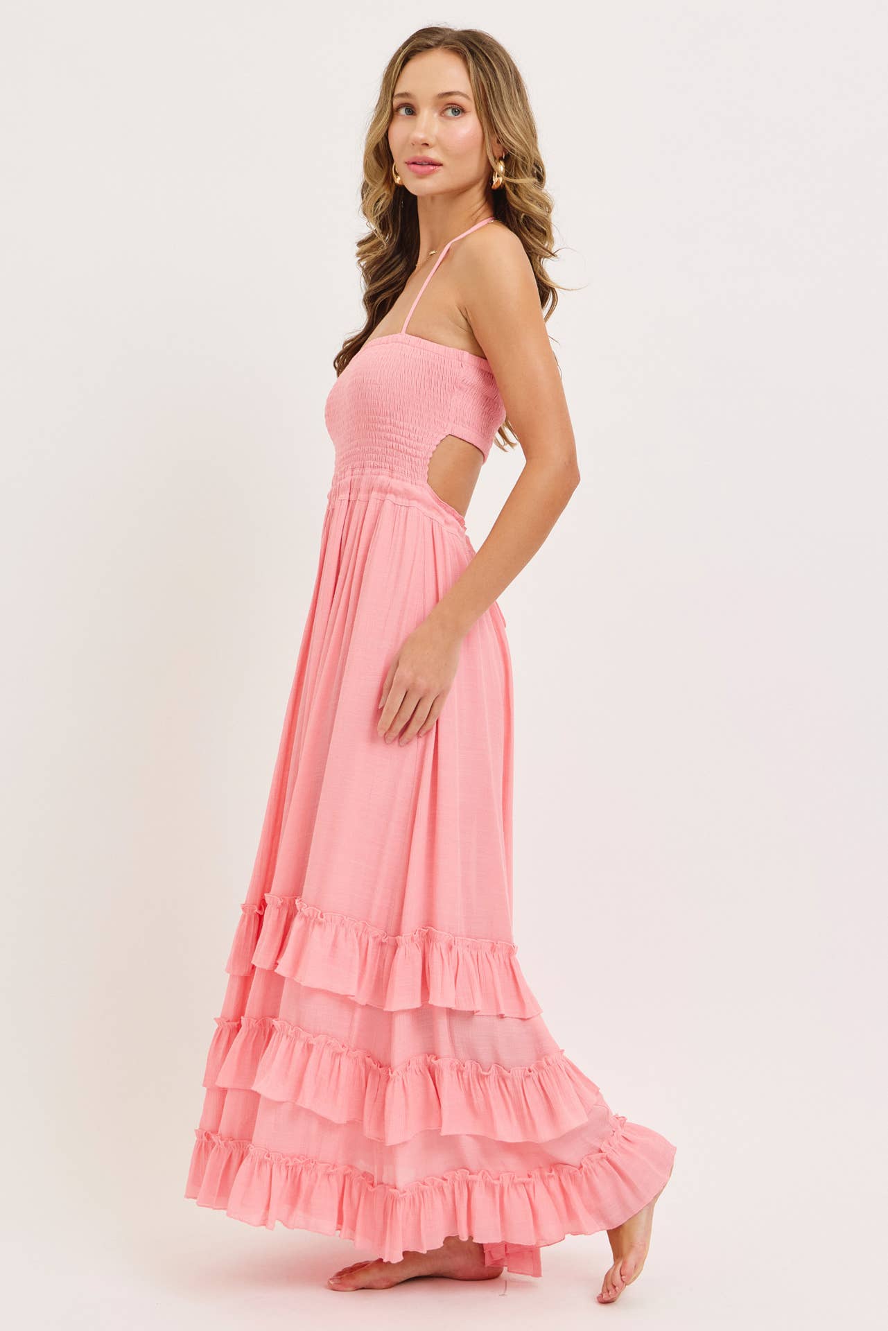 Pink Halter Ruffle Tier Maxi Dress