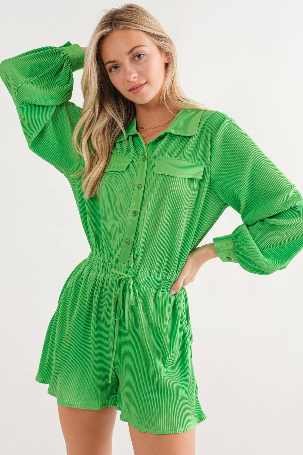 Accordion Pleated Collared Romper