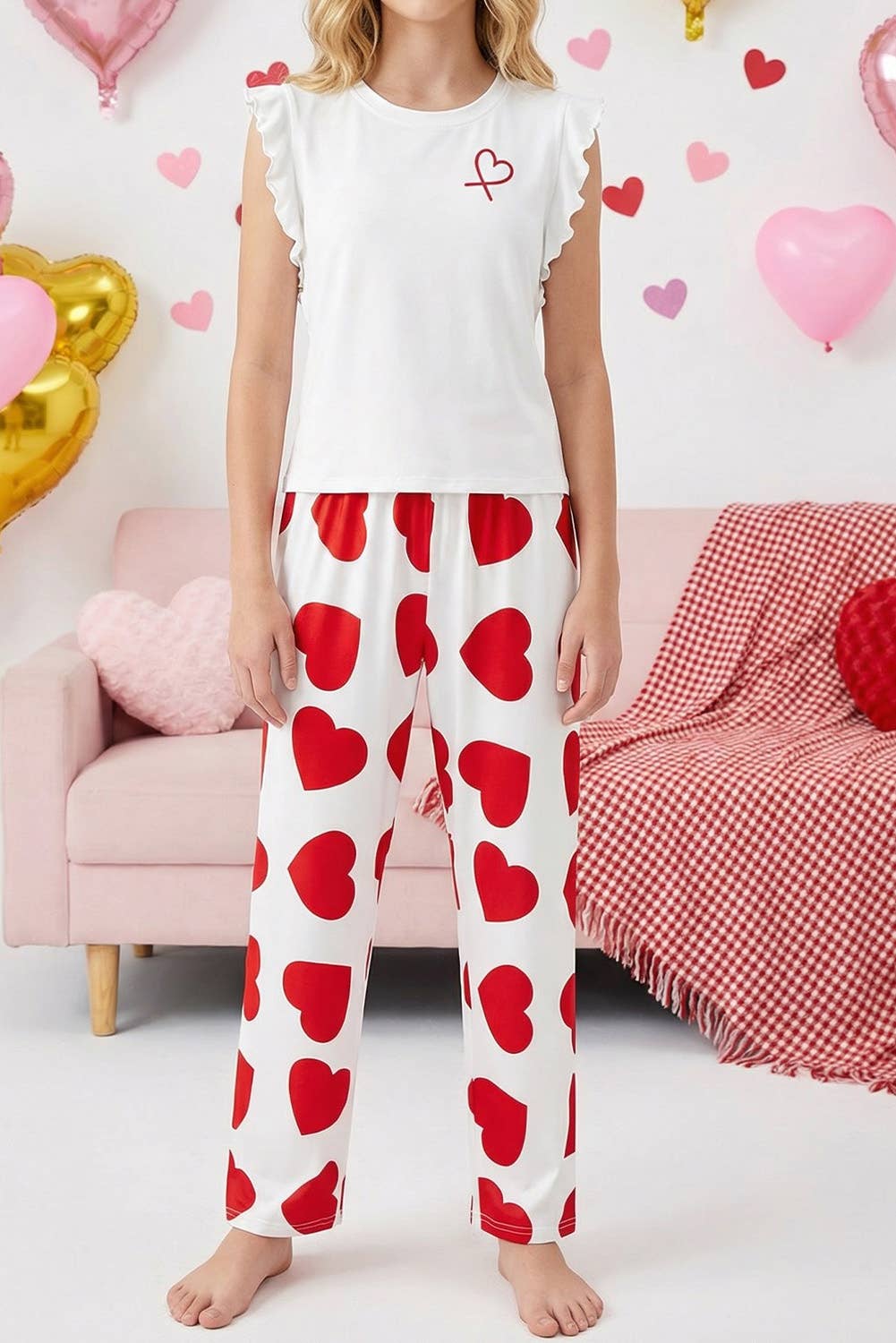 Valentine Ruffled Heart Print Lounge Set