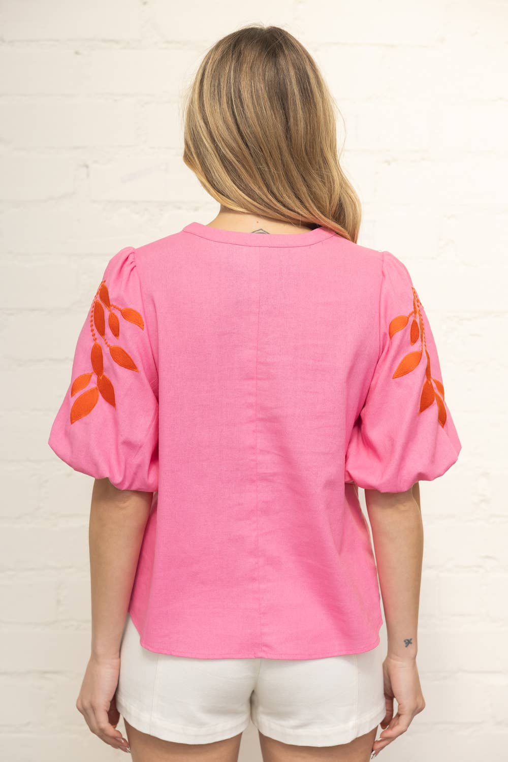 Floral Embroidered Bubble Sleeve V-Neck Top