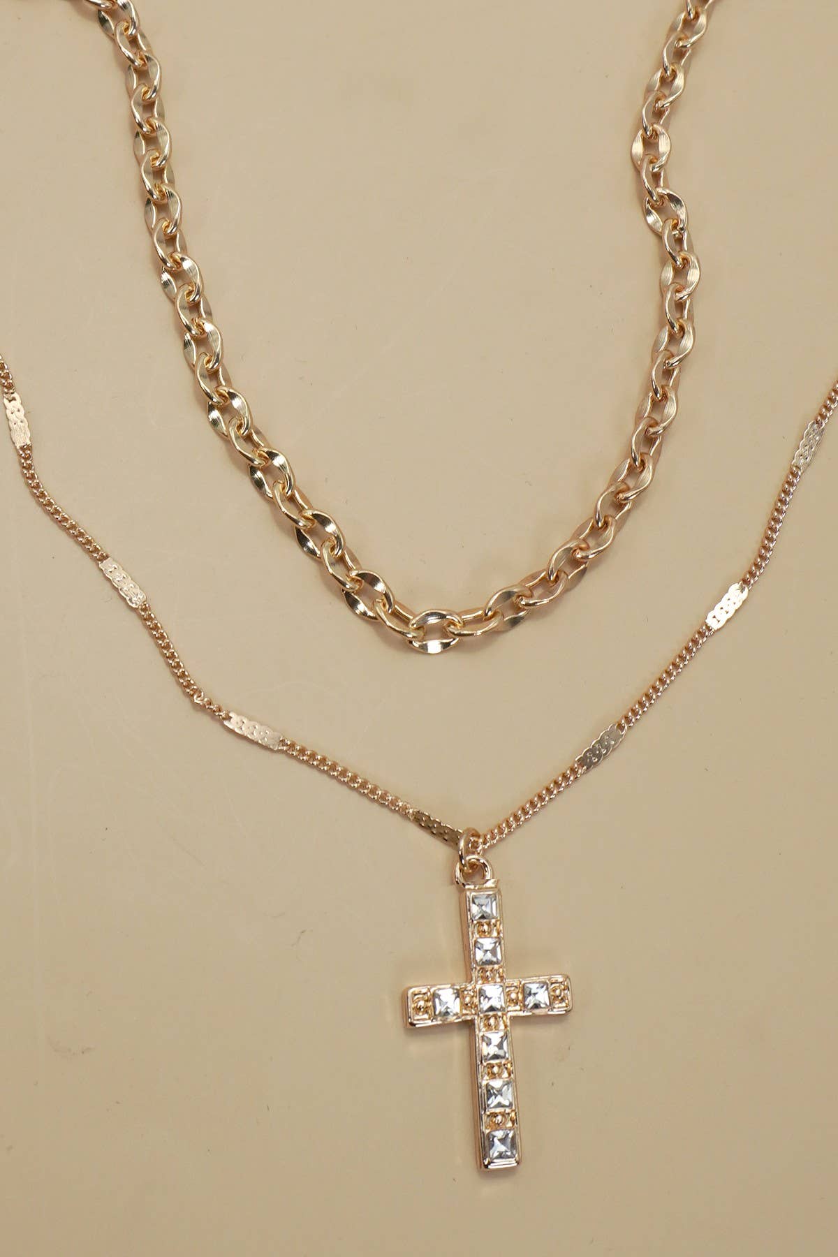 DOUBLE LAYER RHINESTONE CROSS NECKLACE |