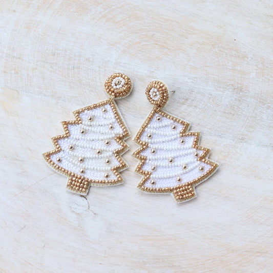 Custom Beaded White Christmas Tree Earring