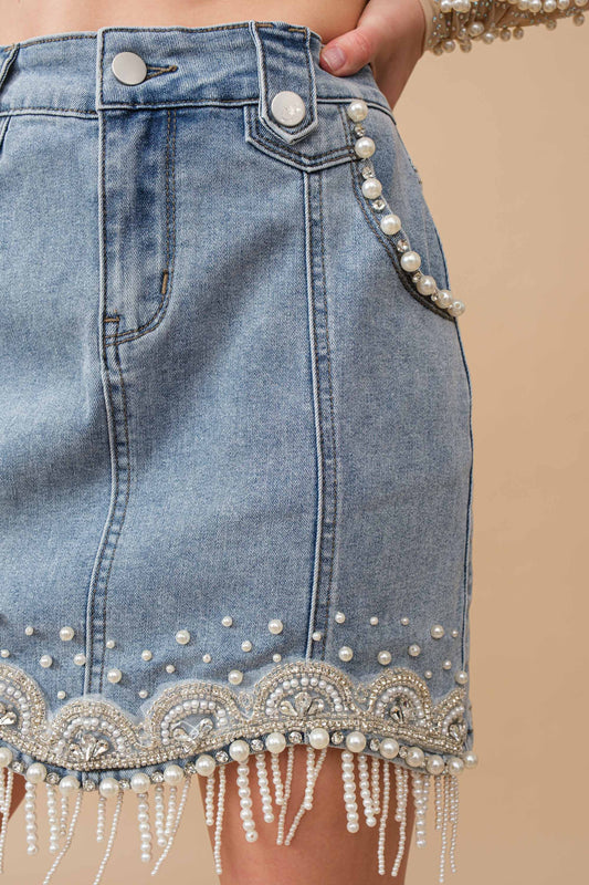 Denim Embellished Pearl Mini Skirt