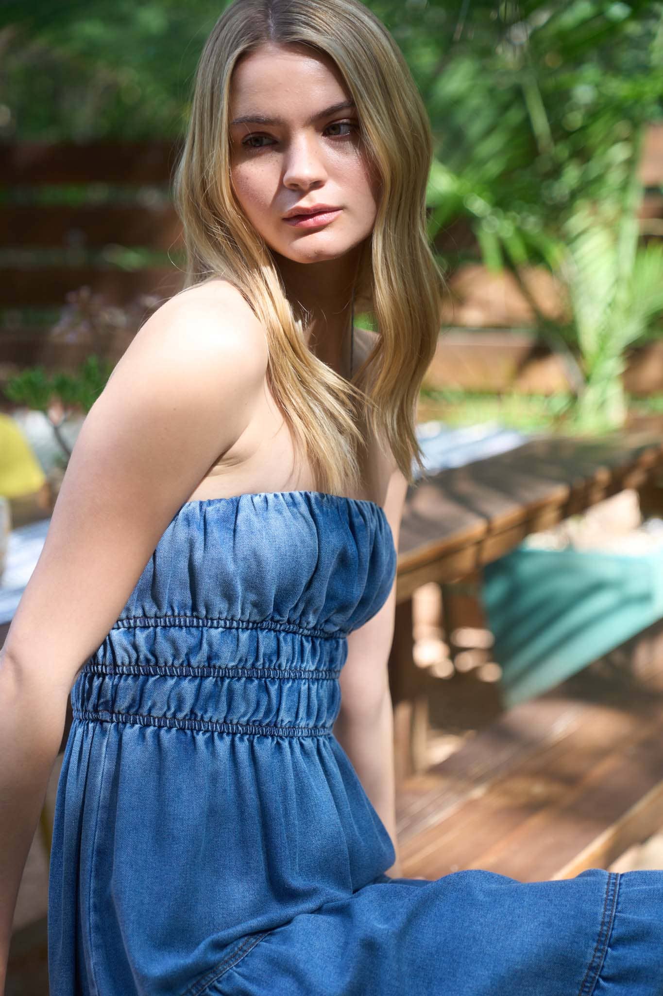Strapless Denim Tiered Dress