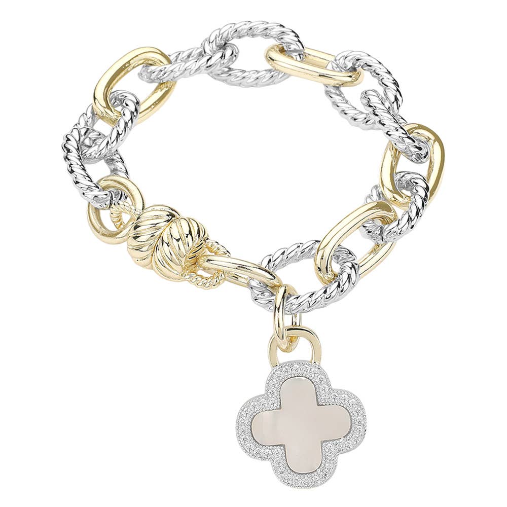 14K Gold Plated Two Tone CZ Paved Quatrefoil Charm Bracelet