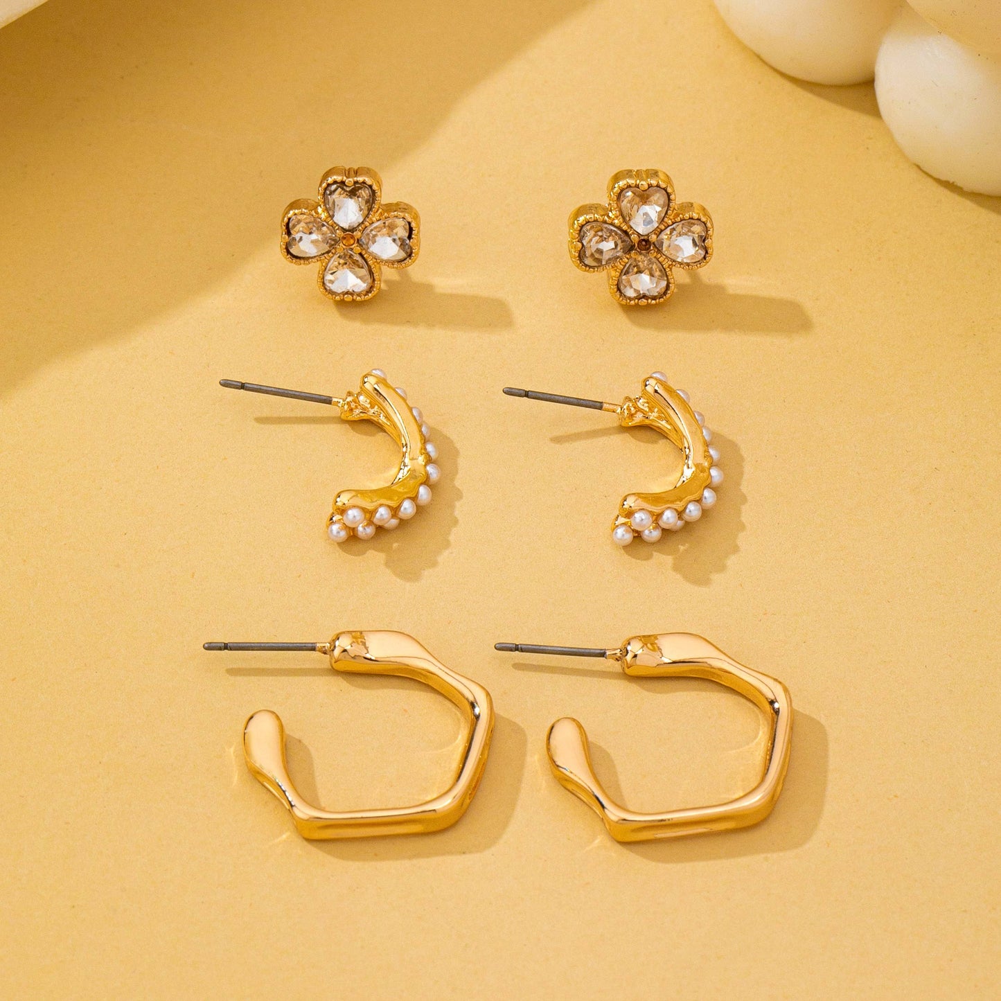Floral Gem Pearl Hoop Trio Earrings
