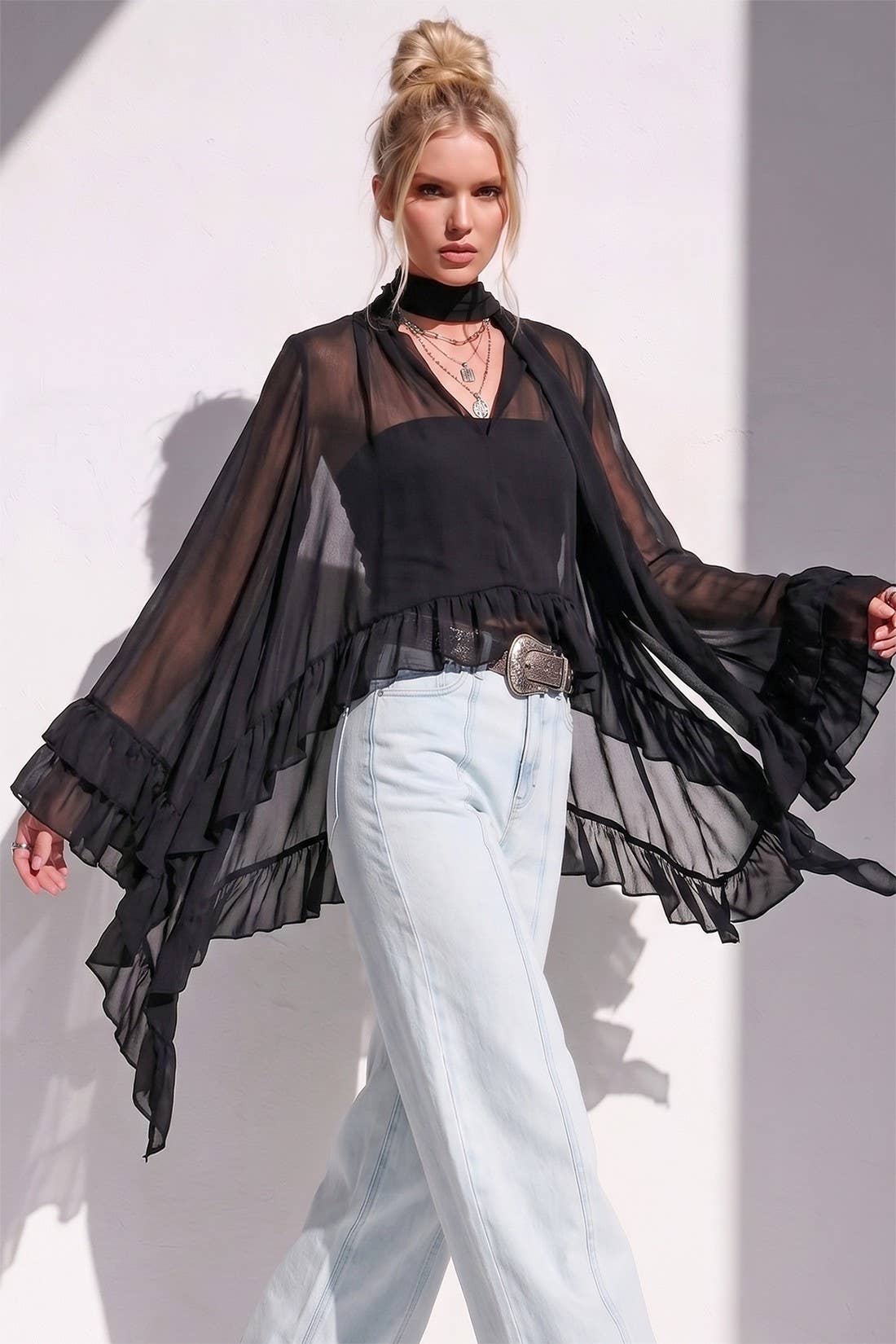 Black Sheer Ruffled Blouse