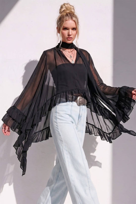 Black Sheer Ruffled Blouse