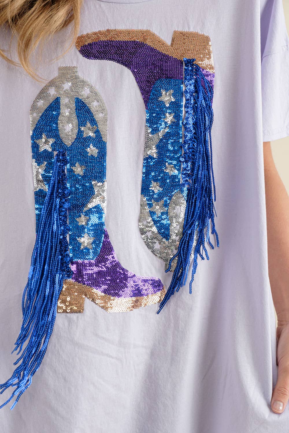Cotton Sequin Western Boot Fringe Loose Side Tee