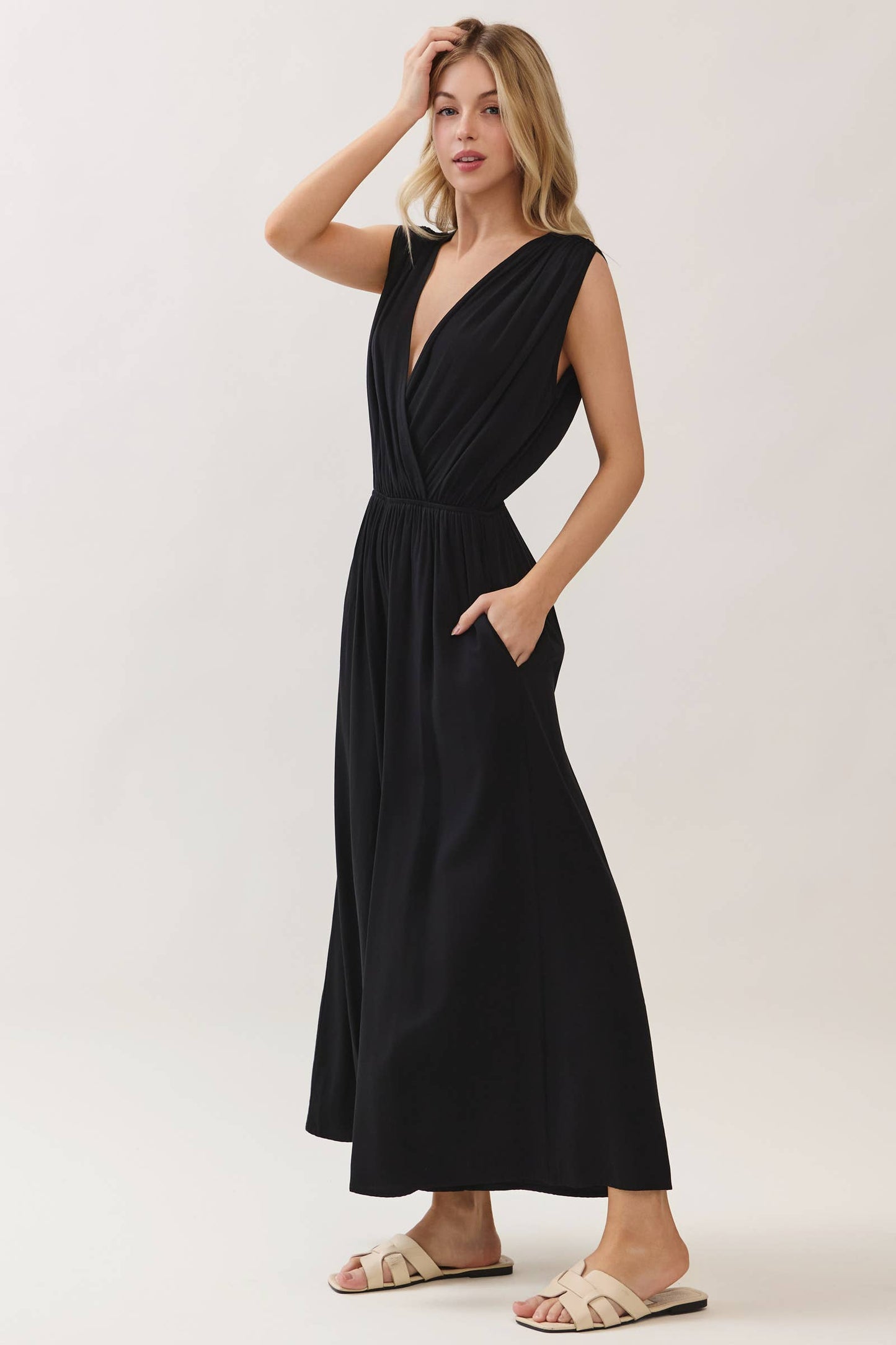 Woven Ruched Sleeveless Jumpsuit
