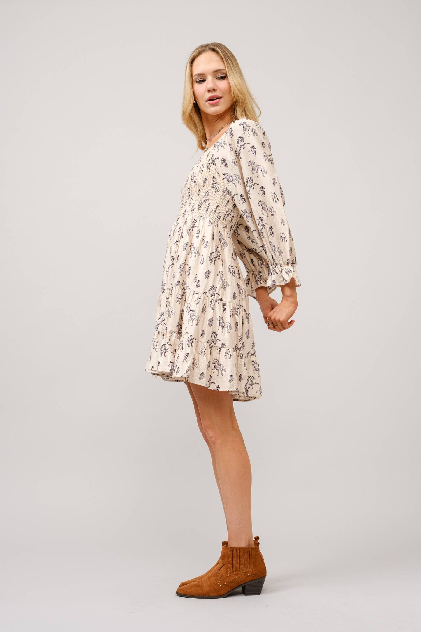 Horse Print Tiered Mini Dress