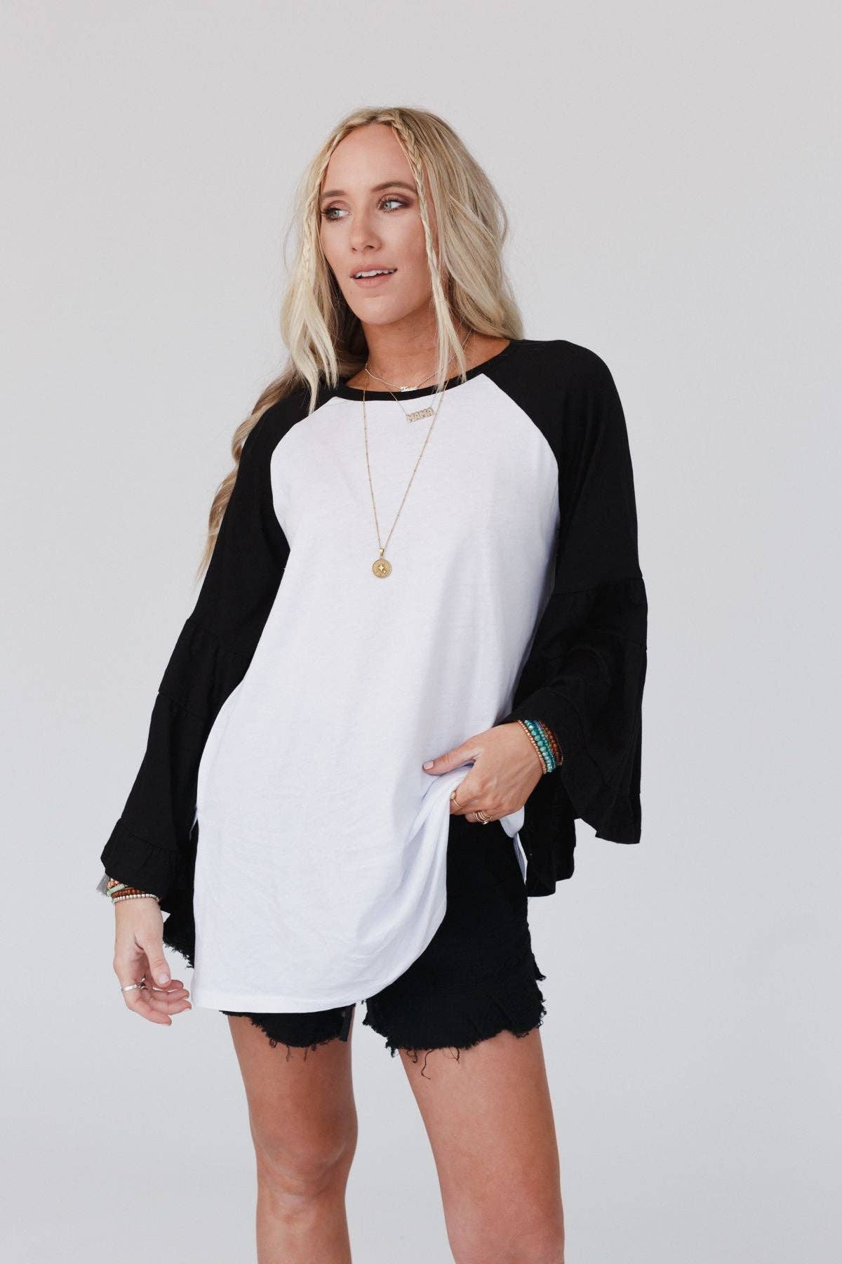 Black Bell Sleeve Baseball Tee