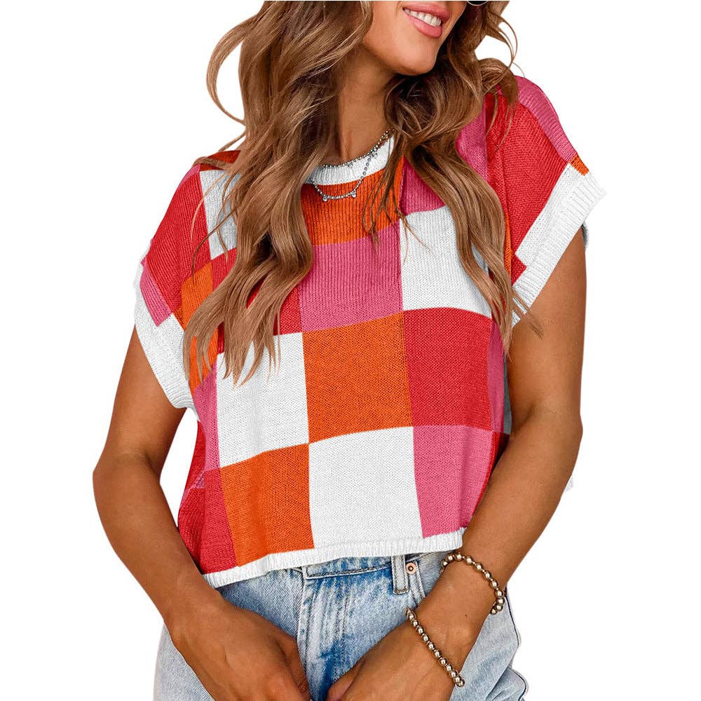 Women’s Colorblock Checkerboard Knit Crop Sweater Tee