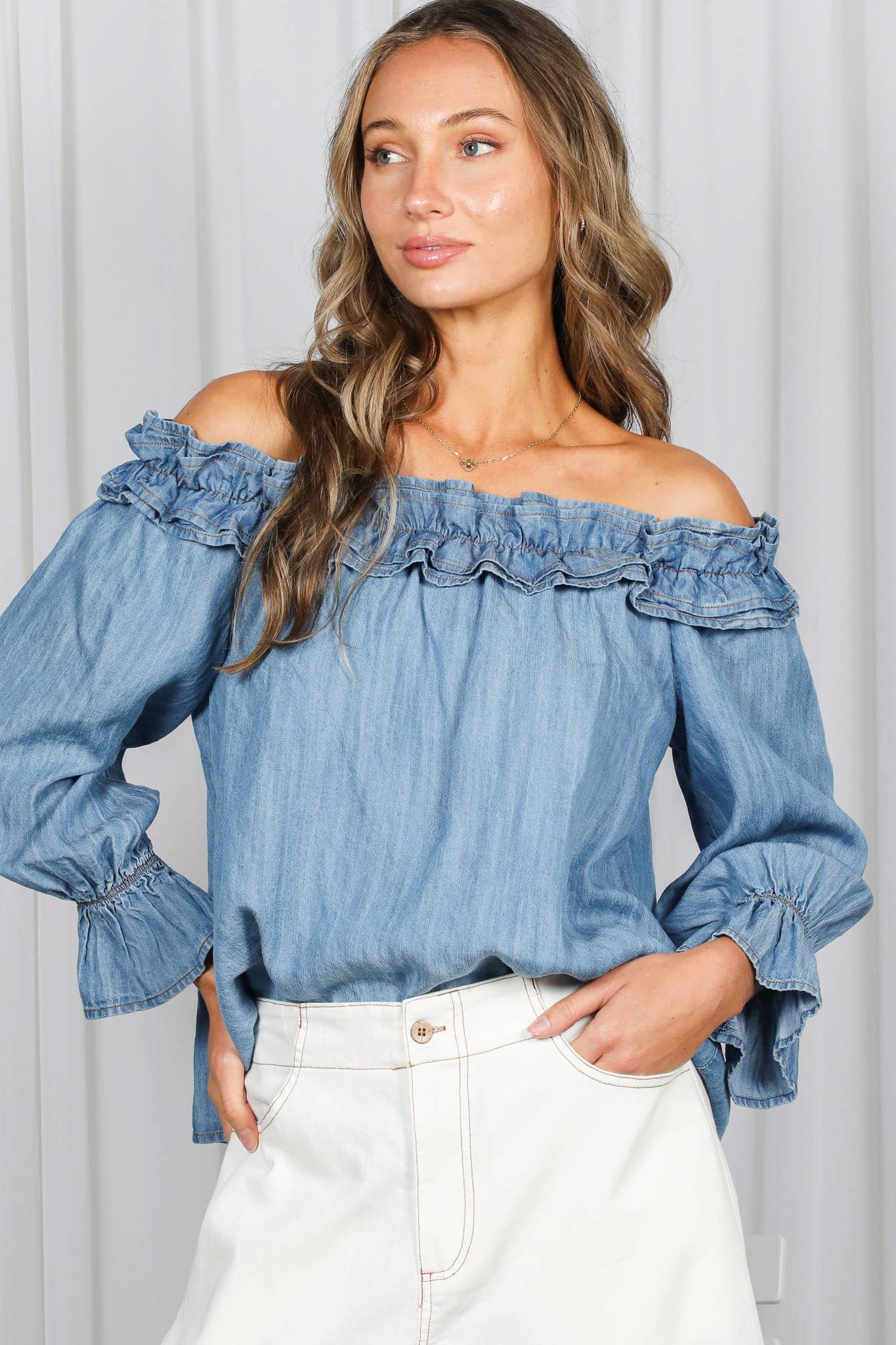Denim Casual Off Shoulder Chambray Blouse