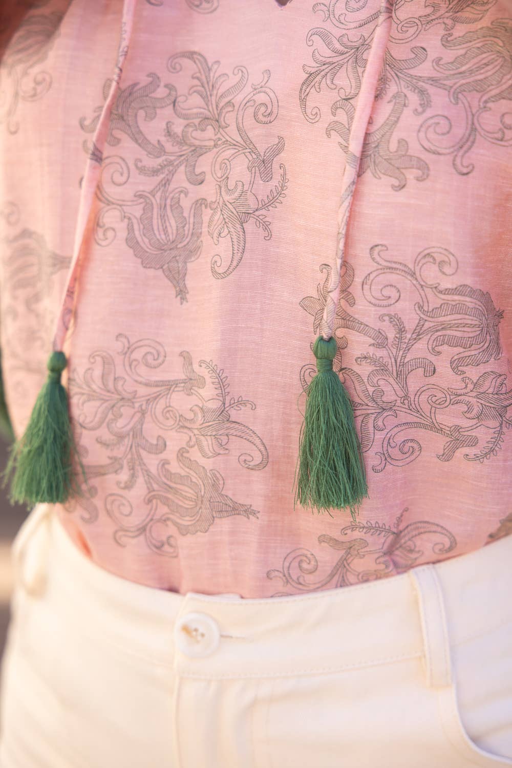 Tassle Self Tie and Fringe Detail Printed Top